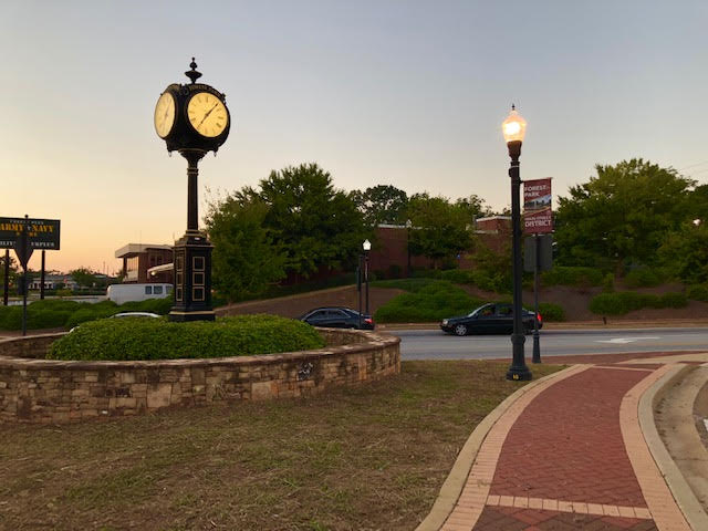 Brick-lined sidewalks in downtown Forest Park, GA